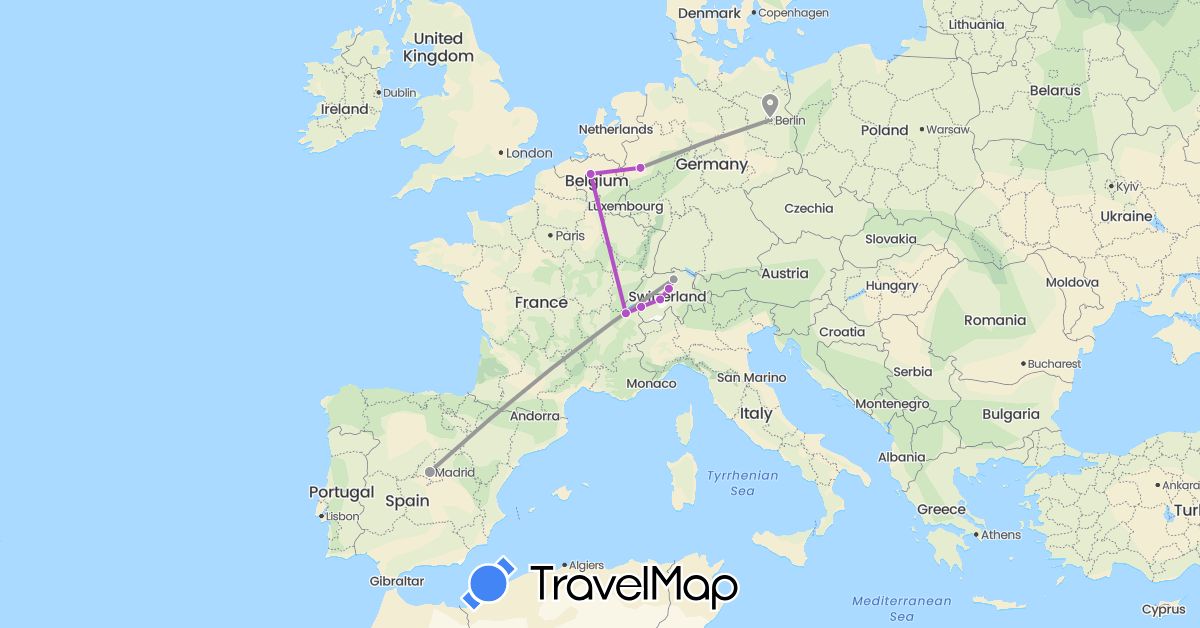 TravelMap itinerary: driving, plane, train in Belgium, Switzerland, Germany, Spain (Europe)